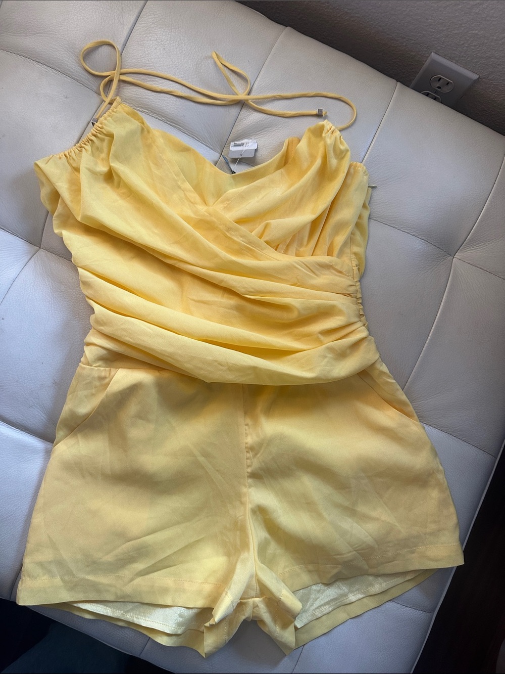 Yellow Draped Wrap Romper with Adjustable Straps